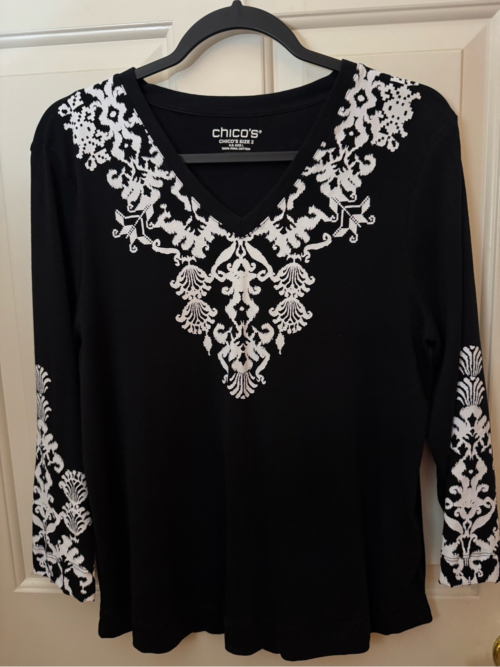 Chico's Top Black Ikat 100% Pima Cotton 3/4 Sleeve Everyday Tee Chico’s Size 2 - Picture 10 of 11